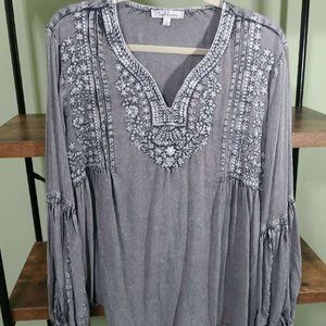Grey Embroidered Blouse with Billowy Sleeves